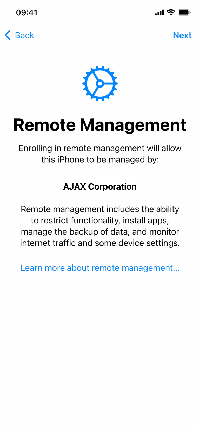 Remote Management window in iOS
